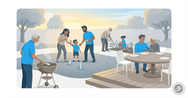 Clean, illustrated infographic of a multi-generational family enjoying a backyard barbecue and lawn games in golden light.