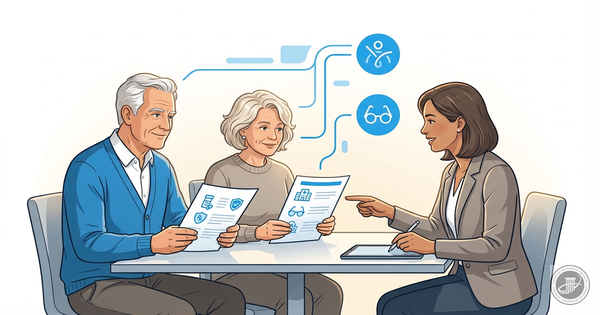 Infographic illustration shows a mature couple with a healthcare advisor, each reviewing separate documents for their individ