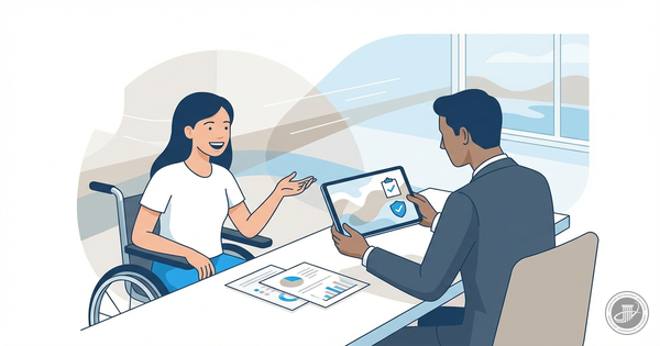 Illustrated infographic showing a young disabled woman and an advisor smiling while reviewing documents in a modern office.