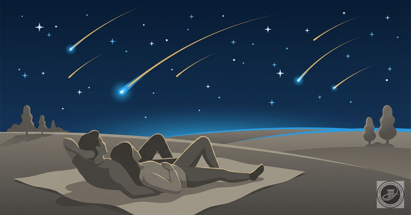 A peaceful illustration of people watching the Perseid meteor shower under a star-filled night sky.
