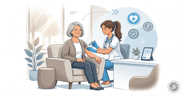 Illustration of a mature woman and healthcare provider in a modern office during a vaccination.