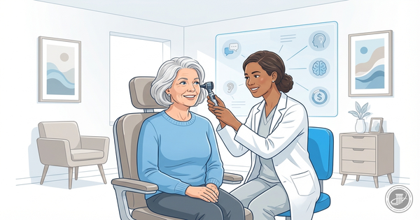 A friendly audiologist examines a mature woman's ear with an otoscope in a bright, modern clinic setting.