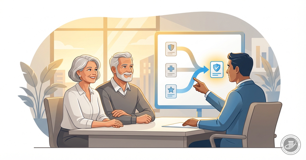 A mature couple and advisor view simplified Medicare charts in a warm office, illustration.
