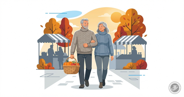 Professional infographic illustration of a mature couple in cozy sweaters walking with a basket at a fall farmers market.