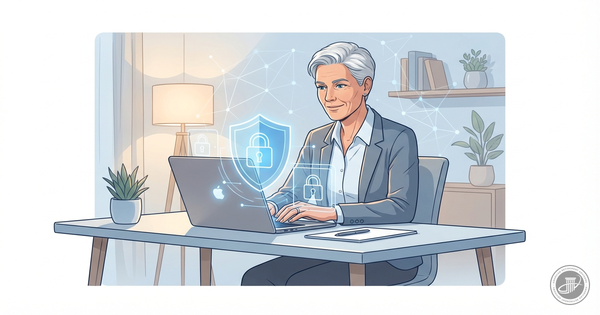 Illustration of a mature professional at a laptop in a home office, with translucent blue digital shield and lock icons overl