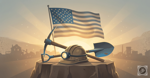 A clean infographic illustration of vintage mining tools and an American flag under warm, nostalgic light.