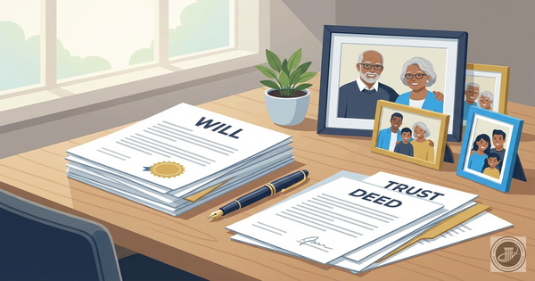 An illustration of estate planning documents, a fountain pen, family photos, and a plant on a wooden desk with soft natural l