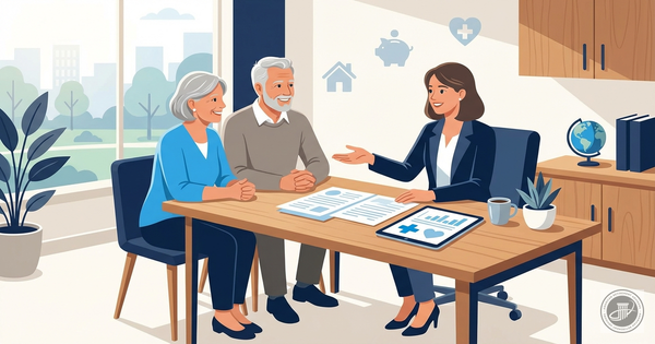 An illustration shows a mature couple smiling as they consult with an advisor in a warm, navy and wood-toned office.
