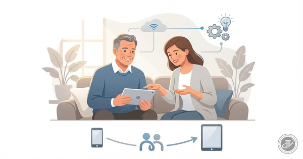 An illustration of a smiling man and his daughter looking at a tablet, conveying intergenerational technology adaptation.