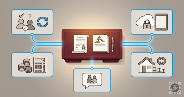 Infographic illustration of five interconnected panels branching from a central desk with estate documents, using a blue and 