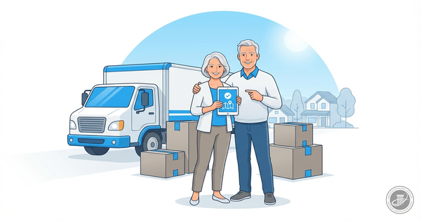 A confident mature couple stands with boxes before a moving truck, one holding a tablet, illustrated in a clean infographic s