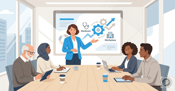 A clean infographic illustration of a diverse group of employees attending a Medicare education workshop in a bright, modern 