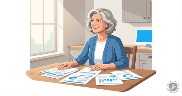 Illustration of a smiling mature woman at a kitchen table with financial papers, bathed in soft light, conveying retirement c