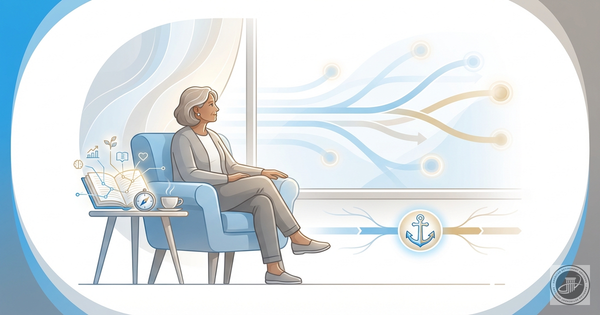Illustration of a mature person reflecting by a window with diverging paths and wisdom symbols in blues and grays.