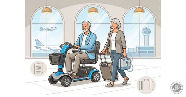 Illustration of a confident mature couple with medical equipment, including a mobility scooter and oxygen, in a modern airpor