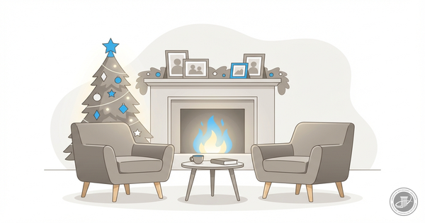 Cozy living room illustration with a decorated Christmas tree, glowing fireplace, and two armchairs in a clean blue, gray, an