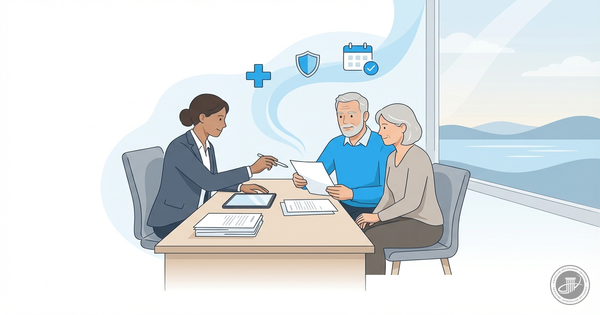 An illustration shows a mature couple and a professional advisor reviewing Medicare documents in a sunlit, modern office.