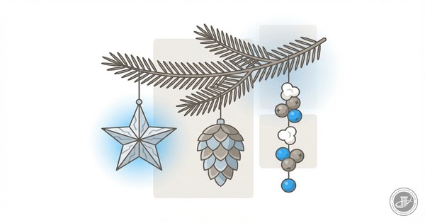 Clean infographic illustration of stylized handmade Christmas ornaments on a branch with a blue accent, set against a white a