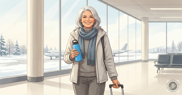 Illustration of a cheerful mature woman with a water bottle at a snowy airport window.