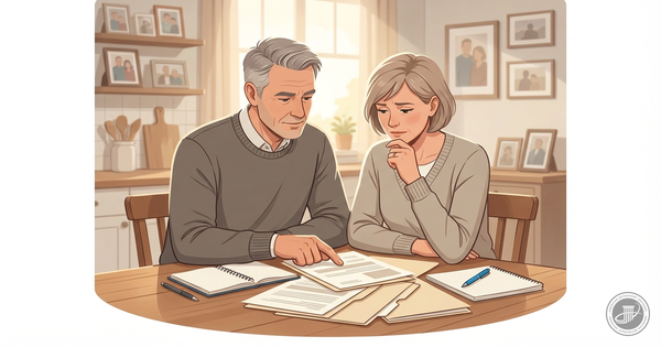 A stylized illustration shows a mature couple in warm grays and blues reviewing documents at a kitchen table under warm light