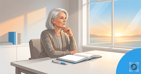 A stylized infographic illustration shows a mature adult at a desk looking out a sunlit window, with a journal and pen, symbo