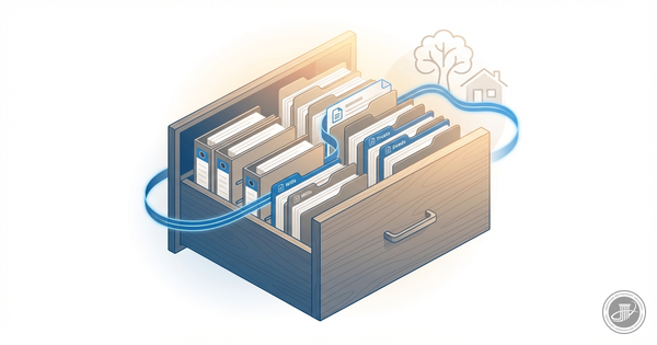 Illustrated wooden filing cabinet drawer with organized, labeled folders and binders in blue, gray, and white, softly lit to 