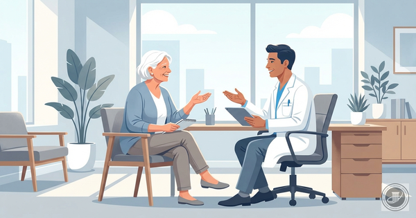 A warm illustration of a smiling mature adult and a friendly doctor chatting in a bright, modern medical office, conveying tr