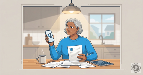A professional infographic illustration shows a confident mature woman at a kitchen table, looking skeptically at a smartphon