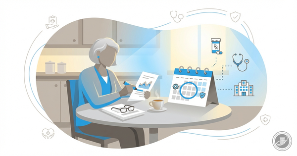 Clean infographic illustration of a mature adult reviewing Medicare options at a table with a calendar highlighting an enroll