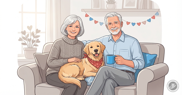A graphic illustration of a mature couple and their golden retriever on a couch with Valentine's decor.