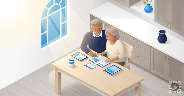 Isometric 3D illustration of a smiling mature couple reviewing documents at a kitchen table with natural light and blue and g