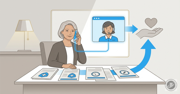 A stylized illustration shows a mature woman at a desk, speaking on a phone with a helpful representative on a screen, surrou