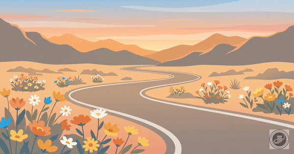 A stylized infographic illustration of a winding road in a serene desert at golden hour with blooming wildflowers, conveying 