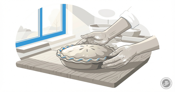 A clean illustration of a pie cooling on a counter with hands and window light, for a retirement blog.