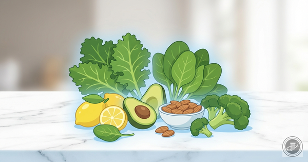 Stylized infographic illustration of fresh alkaline foods like kale, lemons, and avocados on a marble counter.