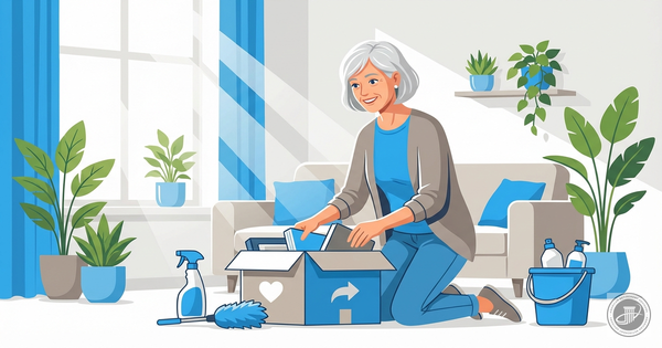 Illustrated mature woman organizing in a sunlit room with boxes, plants, and cleaning supplies.