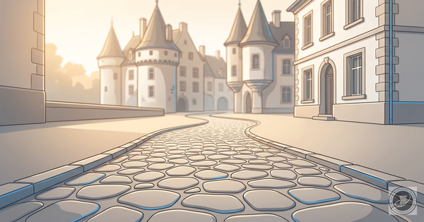 Stylized illustration of a winding cobblestone path leading to a charming old European town building under warm golden hour l