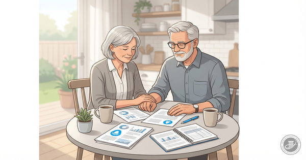 An illustrated infographic of a mature couple, Birdie and Bert, thoughtfully reviewing planning documents at their cozy kitch