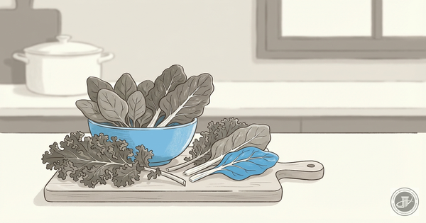 Illustrated arrangement of kale and leafy greens on a wooden board in a warm, blurred kitchen.