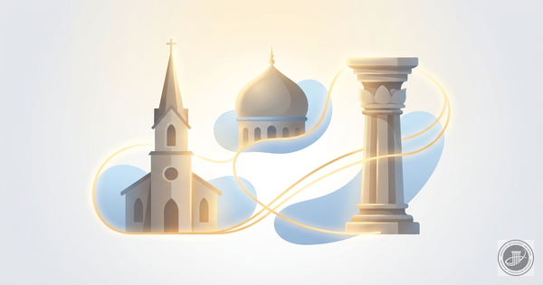 Illustrated infographic with stylized religious structures (church spire, mosque dome, temple column) in warm grays, blues, a