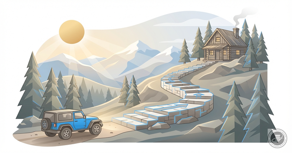 Infographic illustration showing a blue Jeep at the start of a winding stone path leading up a mountain to a warm wooden cabi