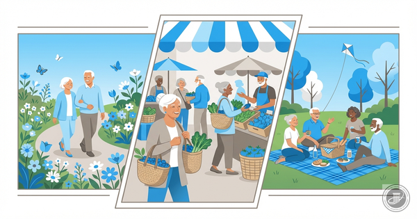 An illustration of active seniors gardening, shopping at a market, and picnicking.
