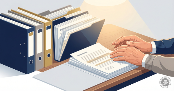 Illustrated hands of an elderly couple peacefully review documents in an organized, softly lit filing system with navy and go