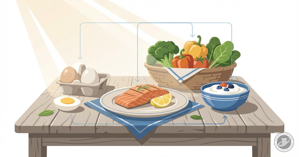 A professional infographic illustration of protein-rich foods like salmon, eggs, and vegetables on a rustic table.