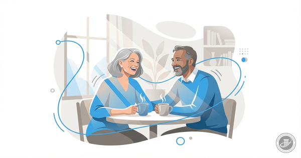 A professional infographic illustration of two mature adults, a man and a woman, sharing a laugh and coffee at a sunlit table