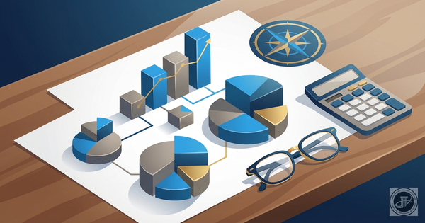 Stylized infographic illustration of a modern desk with abstract charts and tools, symbolizing retirement portfolio strategy.