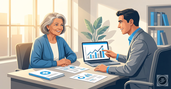 A senior client and an advisor review documents and a laptop in a sunlit office, conveying confidence and clarity in healthca