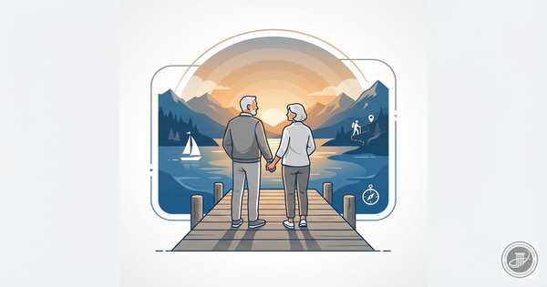 An illustrated infographic of an active senior couple on a dock at sunset, looking at mountains over a lake.