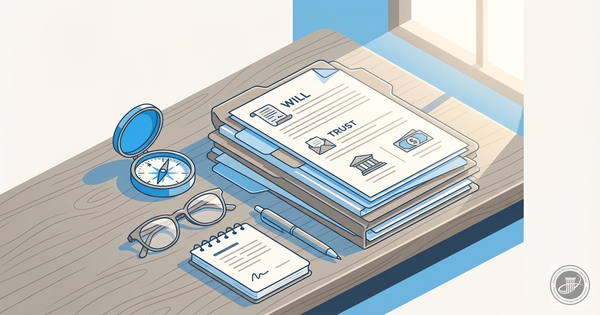 Infographic illustration of estate planning documents, a vintage compass, and reading glasses on a wooden desk, symbolizing f