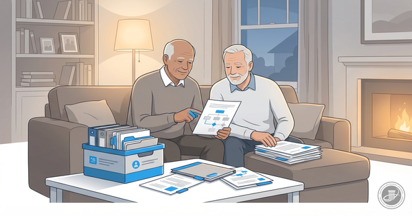 Two brothers in a cozy, illustrated living room look through organized family documents from a beneficiary box with gentle, g